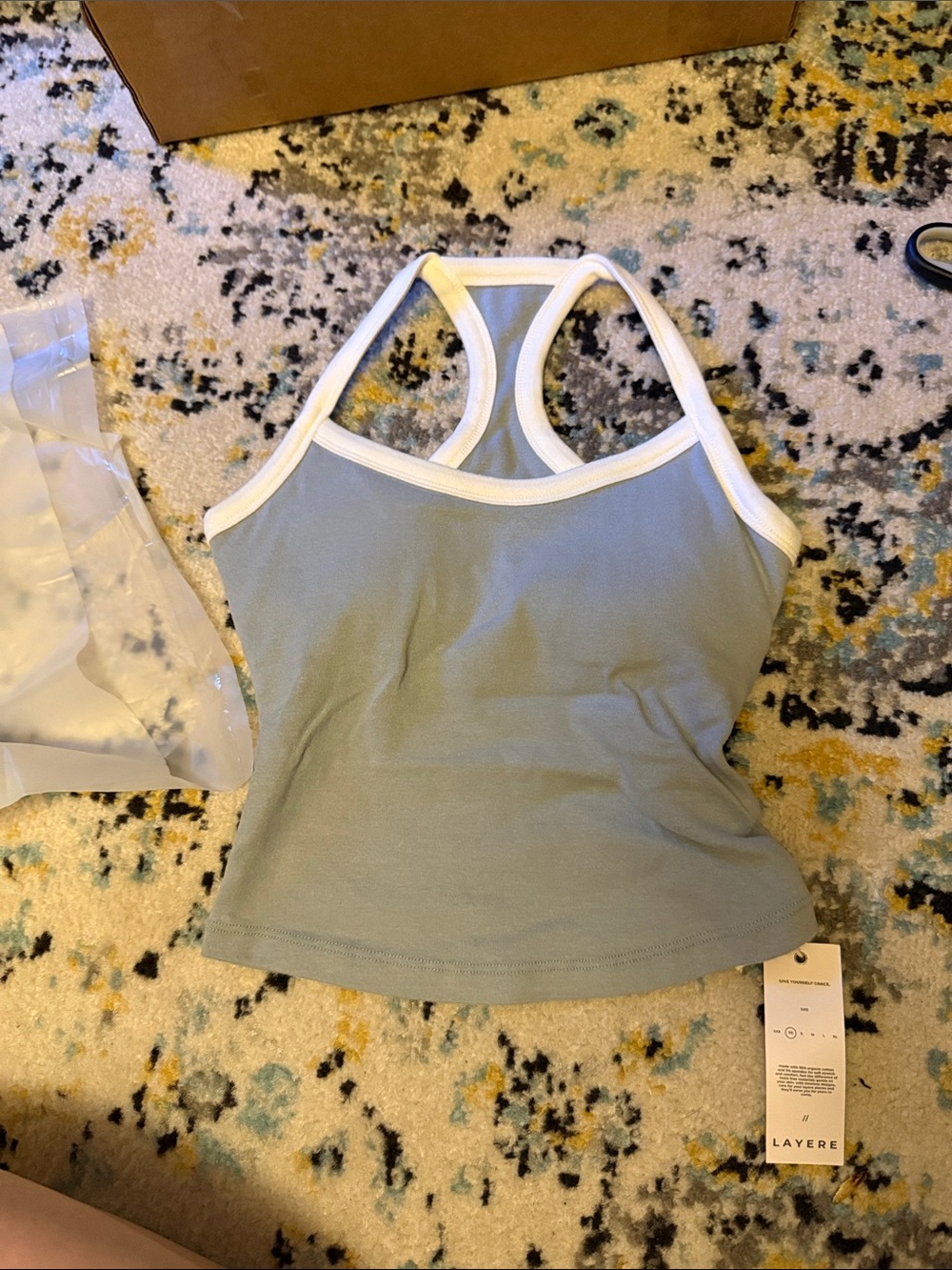 Layere organic cotton piped tank with built-in bra in powder blue - Picture 3 of 6